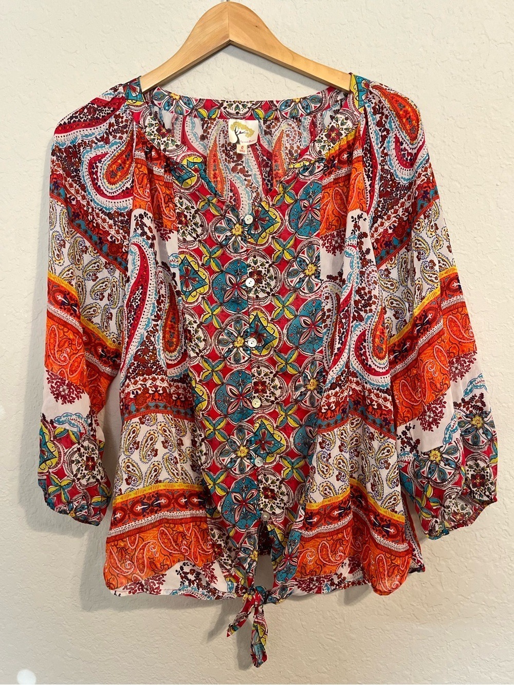 Fig & Flower Boho Paisley Patchwork Print Tie Front Sheer Peasant Blouse L